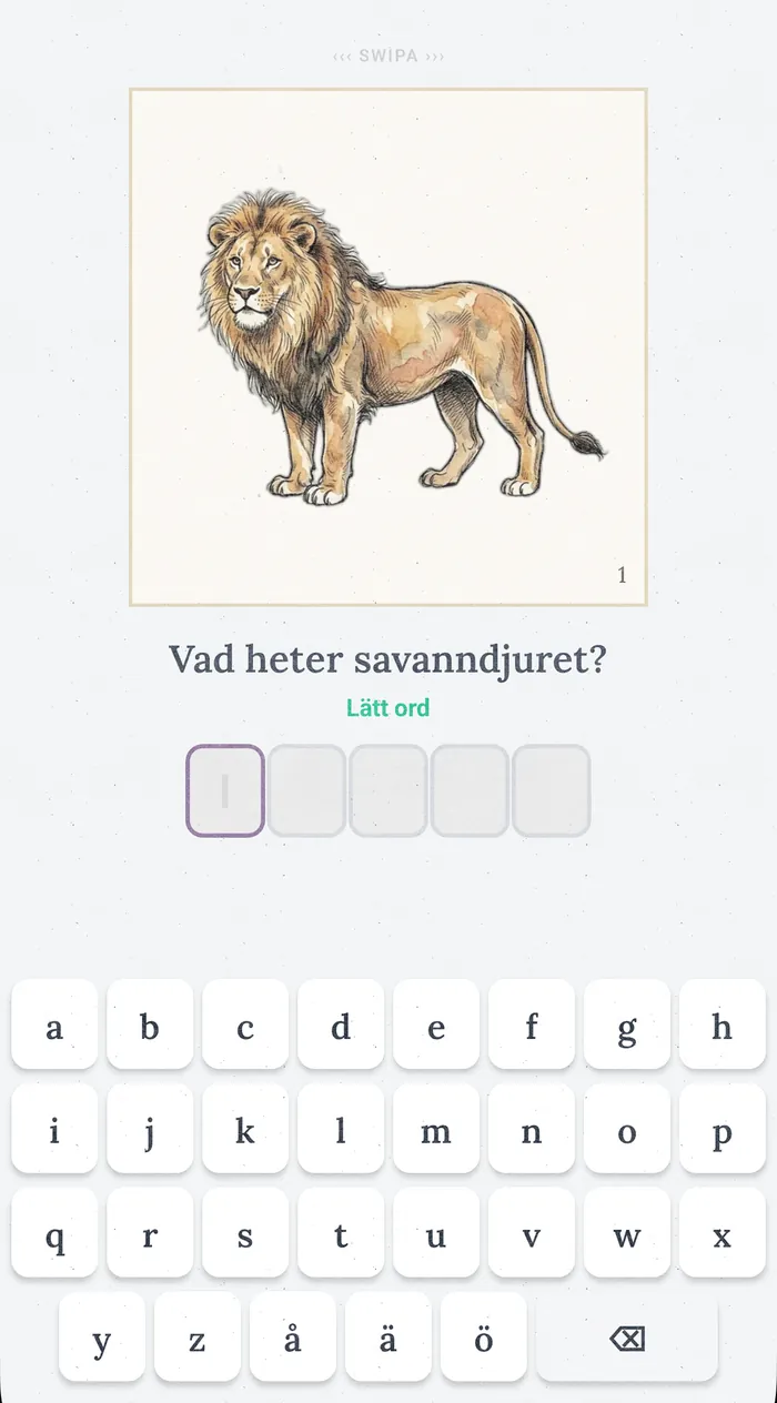 Ett lejon och ett tomt textfält där ordet ska stavas.